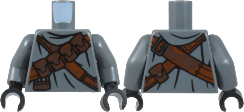 Lego Torso SW Jawa with Dark Brown and Reddish Brown Pouches and Straps, Silver Buckle and Buttons, Black Folds Pattern / Dark Bluish Gray Arms / Black Hands