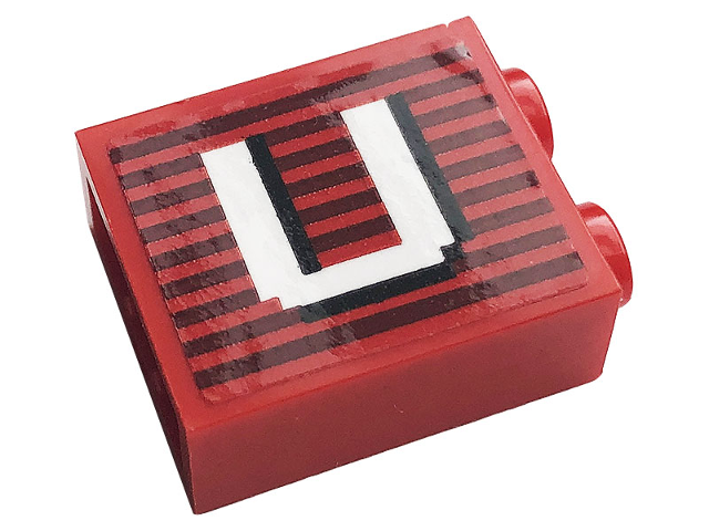 Lego Brick 1 x 2 x 2 with Inside Stud Holder with Gray Stripes and White Capital Letter U Pattern (Sticker) - Set 10272 / Red