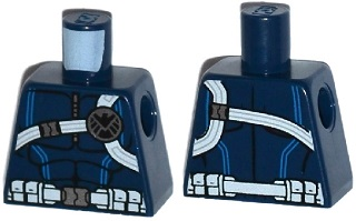Lego Torso Muscles Outline with Black and Silver SHIELD Logo on White Harness Straps and Utility Belt Pattern / Dark Blue