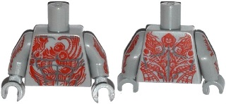 Lego Torso Bare Chest with Muscles and Red Tattoo with Minifigure Heads Pattern / Light Bluish Gray Arms with Red Tattoo Pattern / Light Bluish Gray Hands