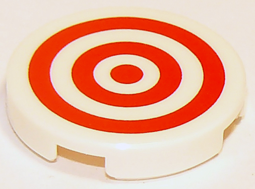 Lego Tile, Round 2 x 2 with Bottom Stud Holder with Red Concentric Circles / Target Pattern / White