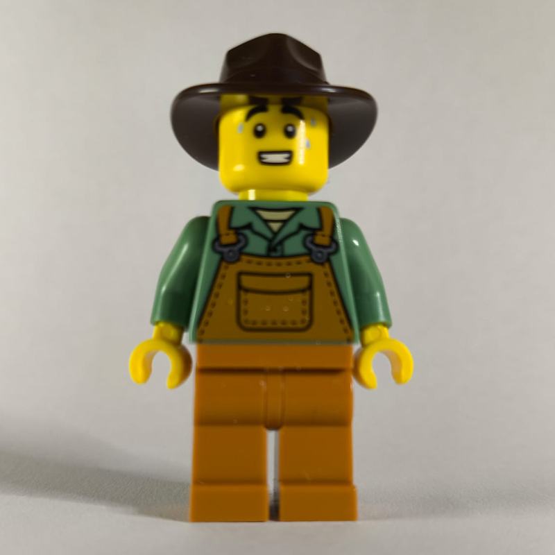Lego Farmer, Medium Nougat Overalls, Dark Brown Hat