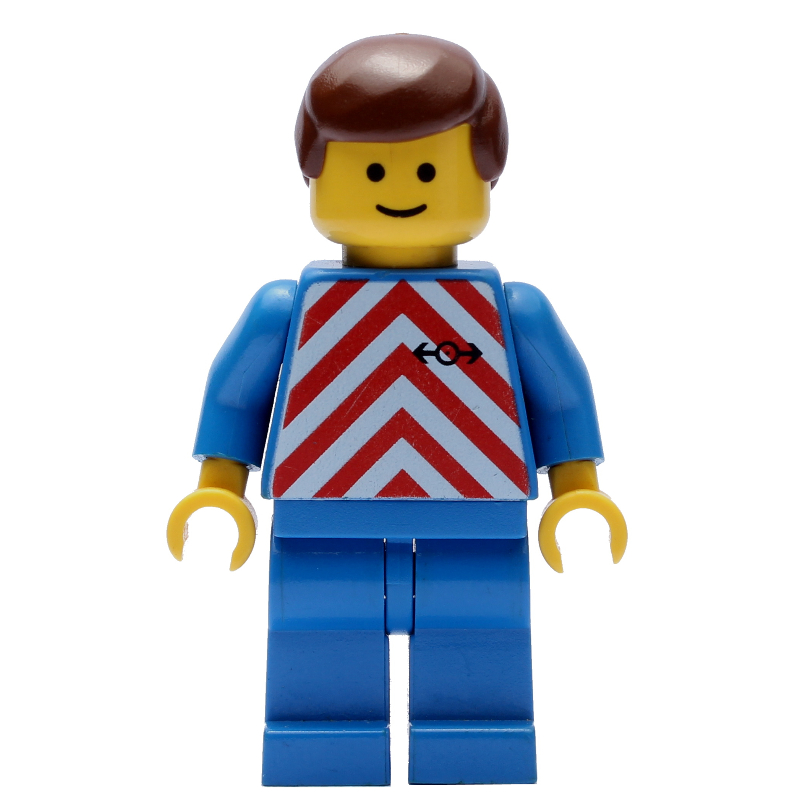 Lego Train Worker - Red/White Shirt, Blue Legs, Brown Hair, (3626a Head)