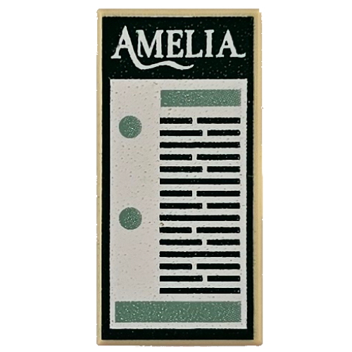 Lego Tile 1 x 2 with White 'Amelia', Green Ticket Print / Tan