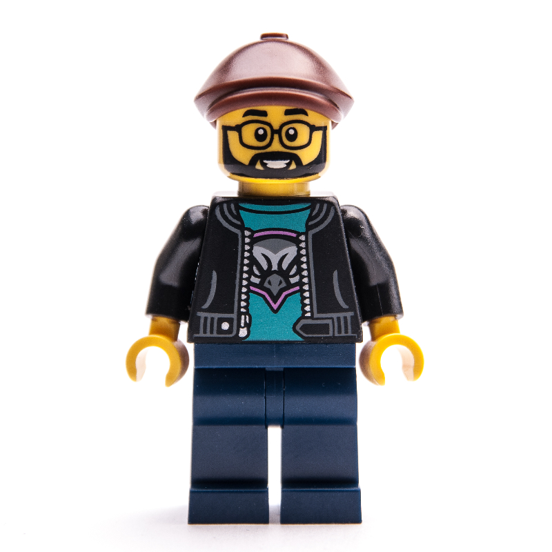 Lego Man, Black Jacket, Dark Blue Legs, Reddish Brown Flat Cap