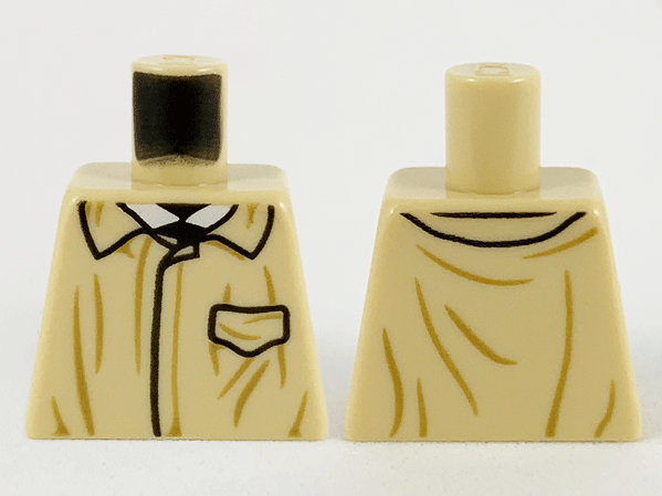 Lego Torso Closed Jacket with Pocket, Small Collar and Dark Tan Wrinkles over White Shirt Pattern / Tan