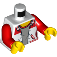 Lego Torso Jacket Open over Gray Top with Red Collar with '8' on Back Print, Red Arms, Yellow Hands / White