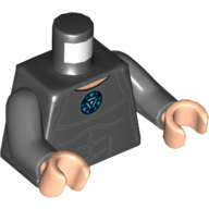 Lego Torso Vest, Muscles with Blue Circle (Arc Reactor) Print, Dark Bluish Gray Arms, Light Nougat Hands / Black