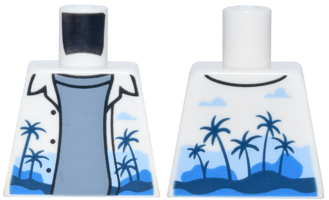 Lego Torso Hawaiian Shirt Open with Dark Blue Palm Trees over Sand Blue Shirt Pattern