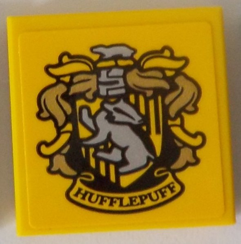 Lego Tile 2 x 2 with HP 'HUFFLEPUFF' House Crest with Gold Plumes on Yellow Background Pattern (Sticker) - Set 71043 / Yellow