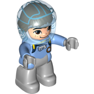 Lego Duplo Figure with Helmet (Space), Light Bluish Gray Legs and Hands, Medium Blue Spacesuit with Badge, Light Nougat Face with Freckles