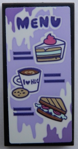 Lego Tile 2 x 4 with 'MENU', Cake, Cup with Cookie and Sandwich Pattern (Sticker) - Set 41336 / Black