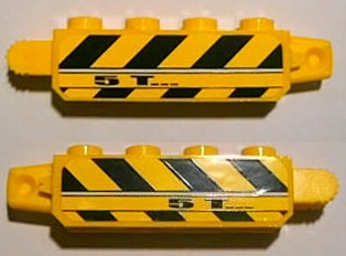 Lego Hinge Brick 1 x 4 Locking with Black and Yellow Danger Stripes and '5T' Pattern on Both Sides (Stickers) - Set 8899 / Yellow