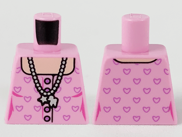 Lego Torso Female, Silver Necklace with Charms, Light Nougat Neck and Medium Lavender Heart Outlines Pattern / Bright Pink