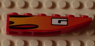 Lego Slope, Curved 6 x 1 Inverted with Orange and Yellow Marbled Flames and 'G' Pattern Model Right Side (Sticker) - Set 8897