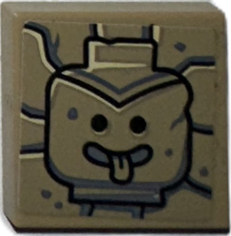 Lego Tile 2 x 2 with Black and Dark Bluish Gray Idol Minifigure Head, Tongue Sticking Out on Stone Background Pattern (Sticker) - Set 77015 / Dark Tan