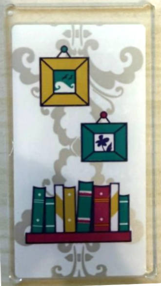 Lego Glass for Window 1 x 4 x 6 with Books on Magenta Shelf, Gold and Dark Turquoise Framed Pictures and Silver Floral Wallpaper on White Background Pattern (Sticker) - Set 41684 / Trans-Clear