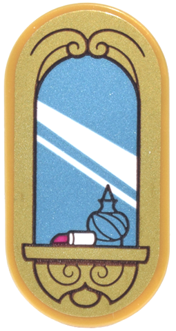 Lego Tile, Round 2 x 4 Oval with Metallic Light Blue Mirror, White Reflections, Ornate Shelf, Perfume, and Magenta Lipstick Pattern (Sticker) - Set 43299