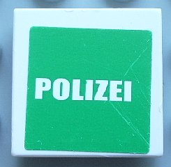 Lego Tile 2 x 2 with White 'POLIZEI' on Green Background Pattern (Sticker) - Set 7236-1
