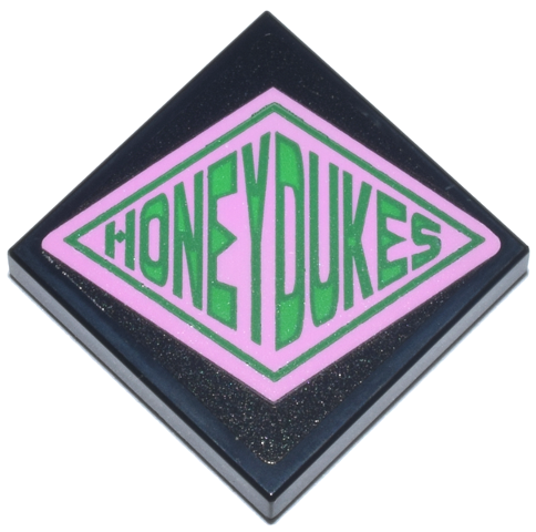 Lego Tile 2 x 2 with Sign, Bright Pink Diamond, Green and Bright Green 'HONEYDUKES' Pattern (Sticker) - Set 76457