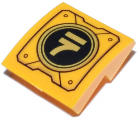 Lego Slope, Curved 2 x 2 x 2/3 Inverted with Mechanical Panel with Ninjago Logogram Letter N on Black and Gold Circle Pattern (Sticker) - Set 71837