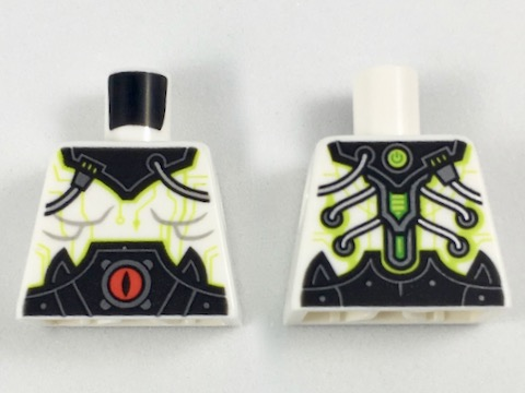 Lego Torso Black Collar and Belt with Red Eye, Silver Cables, and Lime Circuitry Pattern / White