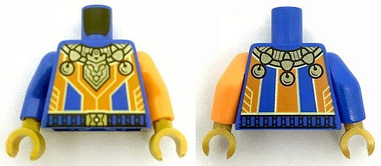 Lego Torso Nexo Knights Orange Stripes with Gold Bells and Trim Pattern / Orange Arm Left / Blue Arm Right / Pearl Gold Hands