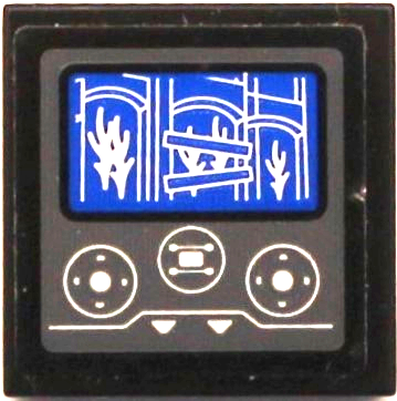 Lego Tile 2 x 2 with Control Panel with Flames and Building on Blue Screen, White Arrows and Joysticks Pattern (Sticker) - Set 60216 / Black