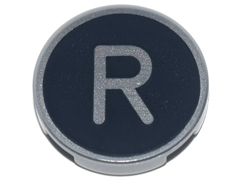 Lego Tile, Round 2 x 2 with Bottom Stud Holder with Silver Capital Letter R on Black Background Pattern