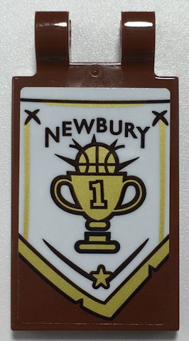 Lego Tile, Modified 2 x 3 with 2 Open O Clips with Black 'NEWBURY' and Gold Basketball Trophy on White Banner Pattern Model Right Side (Sticker) - Set 70425