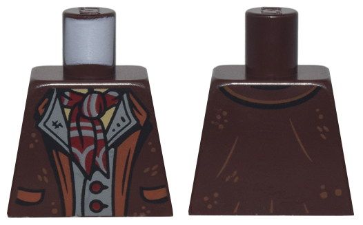 Lego Torso Jacket with Reddish Brown Lapels and Pockets over Dark Bluish Gray Vest with Dark Red Buttons and Striped Scarf Pattern / Dark Brown