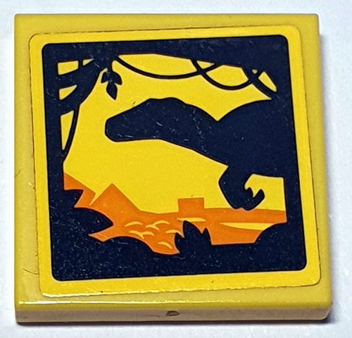 Lego Tile 2 x 2 with Dinosaur Shadow Play in Front of Landscape on Yellow Background Pattern (Sticker) - Set 75934 / Yellow