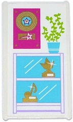 Lego Glass for Window 1 x 4 x 6 with Gold Vinyl Record on Plaque, Plant and Trophy Cabinet Pattern (Sticker) - Set 41103 / White