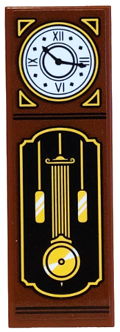 Lego Tile 2 x 6 with Grandfather Clock with White Clock Face, Yellow Chains, Pendulum and Weights Pattern (Sticker) - Set 42654 / Reddish Brown