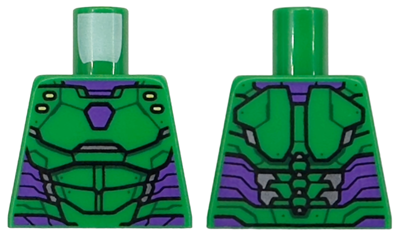 Lego Torso Dark Purple and Silver Armor, Black Outlines and Lime Marks Pattern / Green