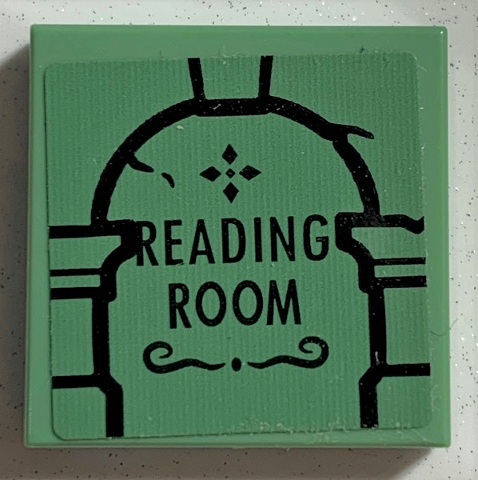 Lego Tile 2 x 2 with Black Archway and 'READING ROOM' Pattern (Sticker) - Set 75978 / Sand Green