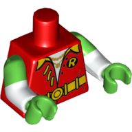 Lego Torso, Dual Molded Arms, Shirt, Yellow Belt, Yellow Laces, Yellow 'R' in Black Circle, Gold Necklace Print, Bright Green Sleeves Pattern, White Arms, Bright Green Hands / Red