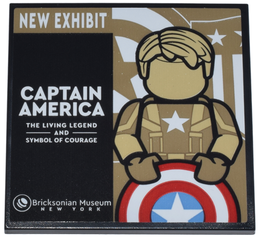Lego Tile 6 x 6 with Bottom Tubes, Textured Surface with Tan and Dark Tan Steve Rogers Mannequin and Red, White and Medium Blue Shield, 'NEW EXHIBIT' and 'CAPTAIN AMERICA' Pattern (Sticker) - Set 76218 / Black