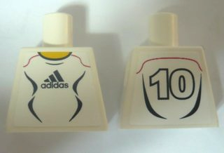Lego Torso Soccer Uniform White Shirt with Black Adidas Logo, Curved Lines and Number 10 on Back, Yellow Neck Pattern (Stickers) / White