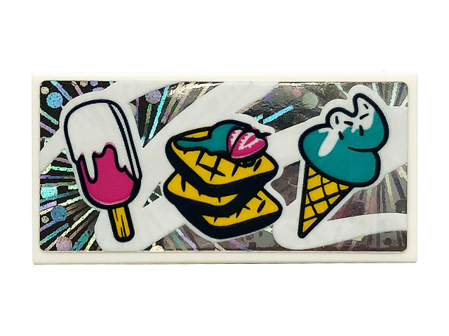 Lego Tile 2 x 4 with Ice Cream Cone, Ice Pop (Freezer / Lollipop / Lolly / Pole / Popsicle / Stick) and Waffles Pattern (Sticker) - Set 41375 / White