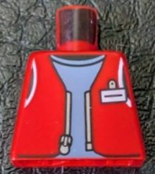 Lego Torso Vest Open with Silver Zipper and White ID Badge over Sand Blue Shirt Pattern / Red