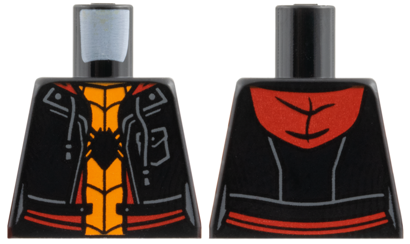 Lego Torso Hoodie Vest with Pocket and Drawstrings, Red Trim and Hood, Orange Shirt, Black Spider and Webbing Pattern / Black
