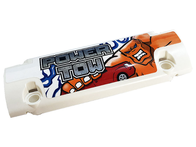 Lego Technic, Panel Curved 11 x 3 with 2 Pin Holes through Panel Surface with Red Car, Silver 'POWER TOW', Blue and Dark Azure Lightning Pattern (Sticker) - Set 42128 / White
