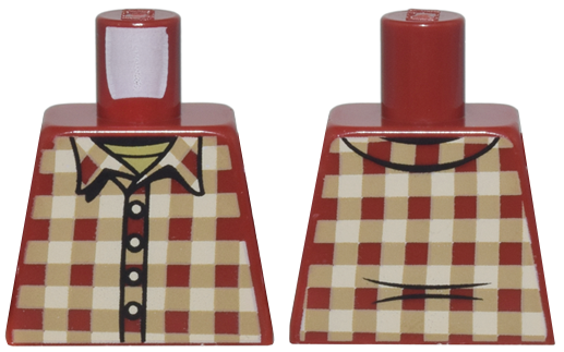 Lego Torso Plaid Shirt with Tan and Dark Tan Squares, Collar, and Buttons over Olive Green Shirt Pattern / Dark Red