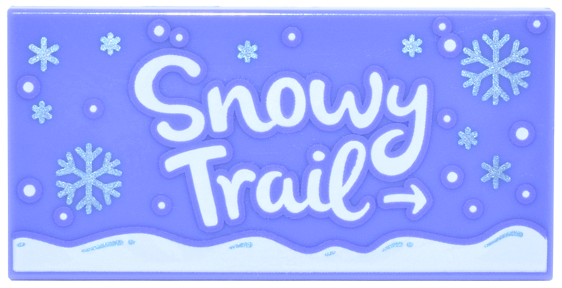 Lego Tile 2 x 4 with White Script 'Snowy Trail' Arrow, Snow and Metallic Light Blue Snowflakes Pattern