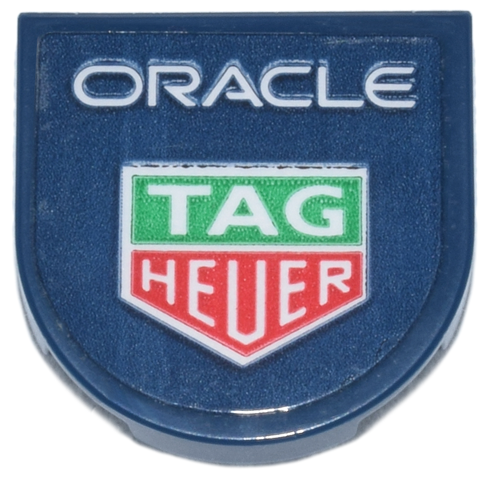 Lego Tile, Round 2 x 2 Half Circle Extended with White 'ORACLE' and Bright Green and Red 'TAG HEUER' Shield Logo Pattern (Sticker) - Set 77243
