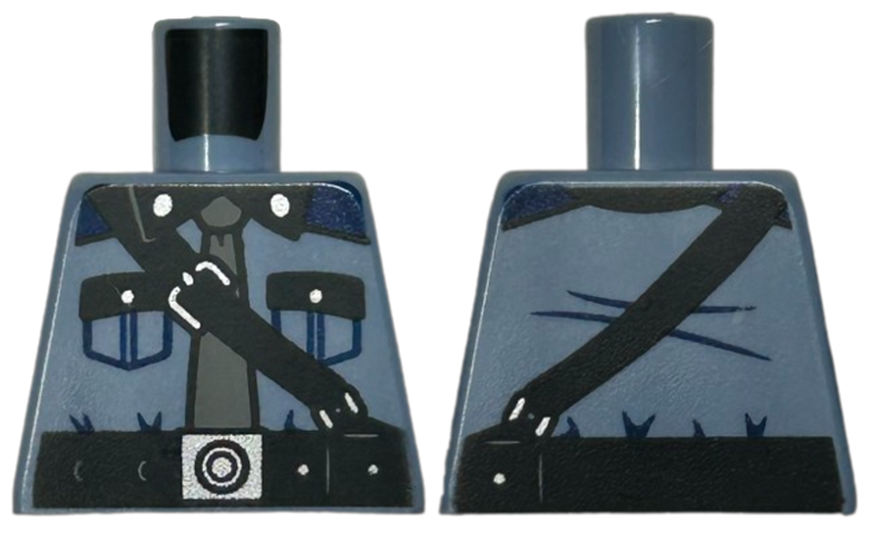 Lego Torso Shirt with Pockets, Black Collar, Dark Blue Shoulders, and Silver Buttons, Belt and Strap with Buckles, Dark Bluish Gray Tie Pattern / Sand Blue
