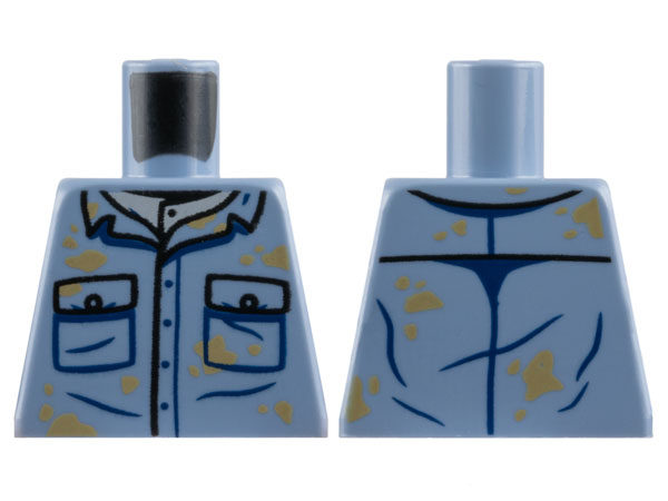 Lego Torso Shirt with 2 Pockets with Black Buttons Outline, Dark Tan Dirt Stains Pattern / Sand Blue