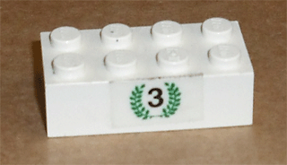 Lego Brick 2 x 4 with Black Number 3 in Green Laurels Pattern (Sticker) - Set 6539 / White