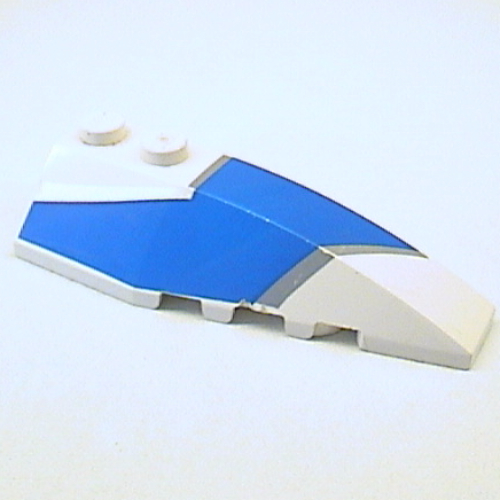 Lego Brick Wedged, Curved 6 x 2 Right with Blue and Silver Wraparound Print / White